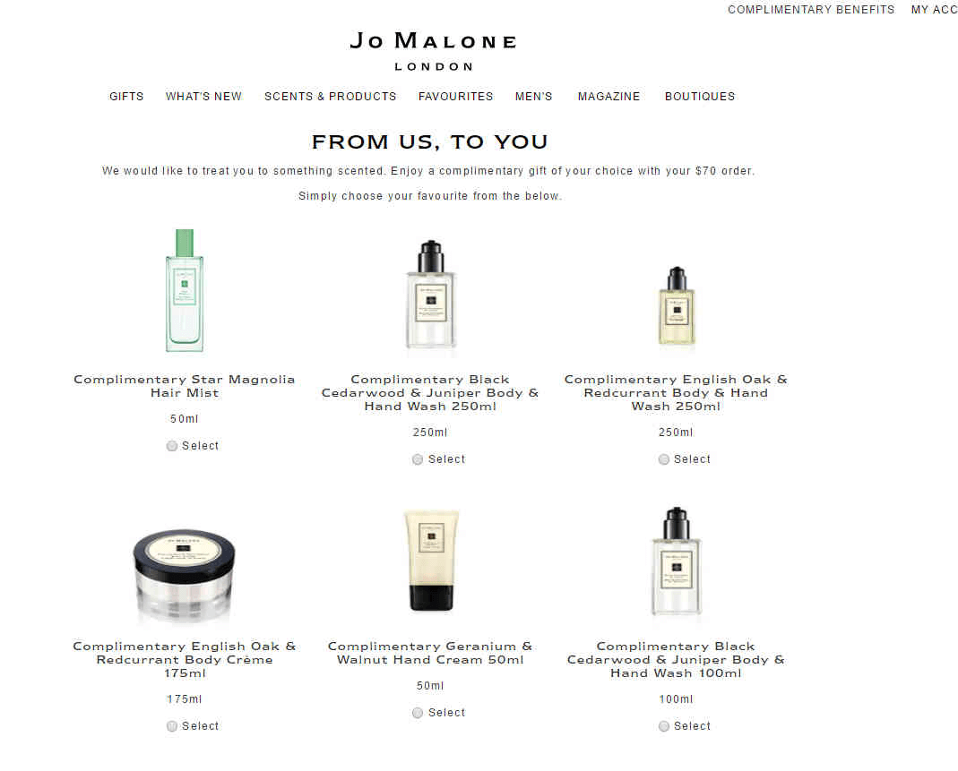 Jo Malone优惠码2024 祖马龙美国官网订单满$70自选正装买30ml香水相当于买一赠一 +最高送7件赠品